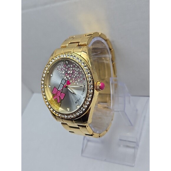 Betsey Johnson Gold Tone Crystal Bezel Champagne Bottle Bow Quartz New Battery - Picture 2 of 13